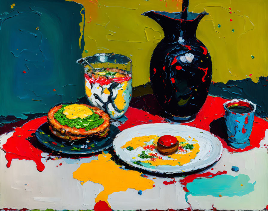 Colorful Breakfast Still Life Painting with Fried Egg, Cup, and Vase on Table