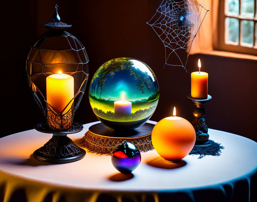 Mystical candlelit scene with crystal ball, globes, and cobweb