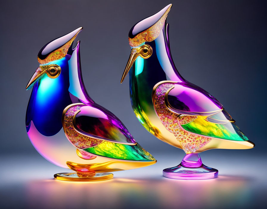 Colorful iridescent glass bird sculptures on reflective surface