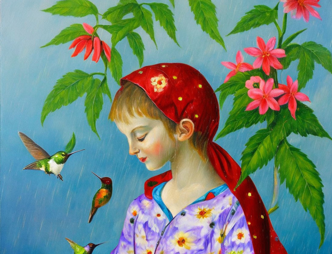 Young girl in red scarf with flowers, hummingbirds, pink flowers, and green leaves.