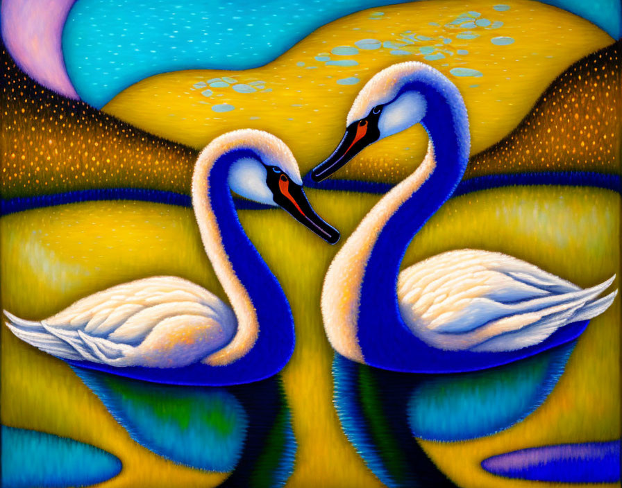 Stylized swans on colorful background with star-like dots