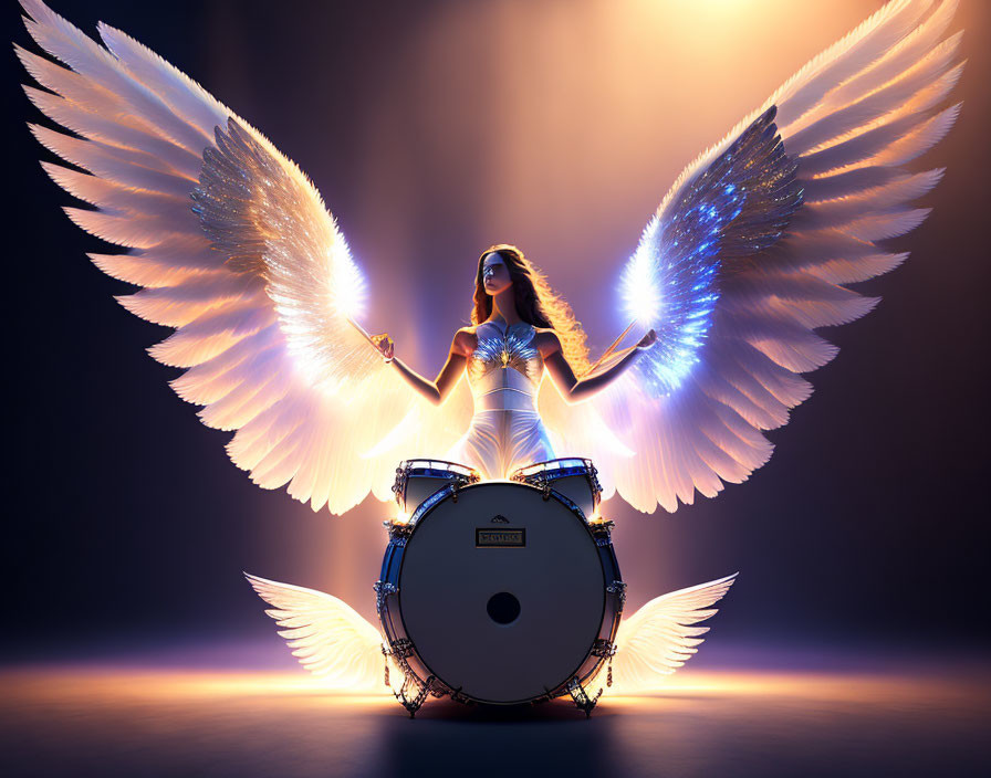 Person with Illuminated Wings Playing Drum Set in Moody Setting