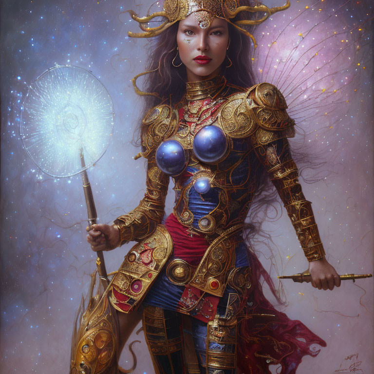 Warrior woman in golden armor with cosmic shield and staff