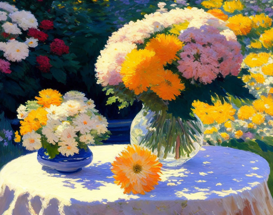 Colorful Flower Painting on Sunlit Table with Floral Background