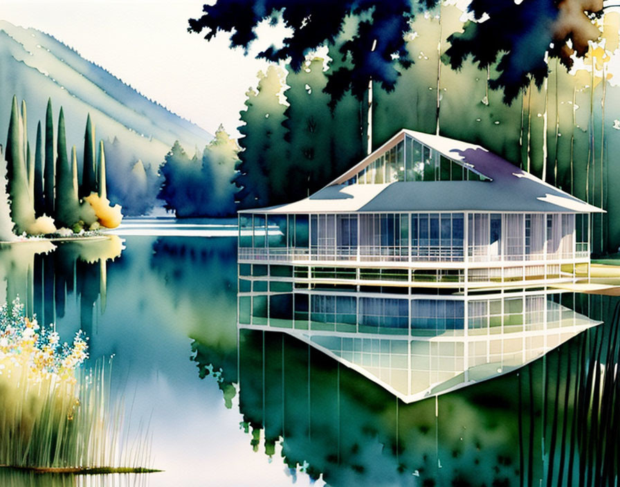 Glass House by Calm Lake: Vibrant Watercolor Scene