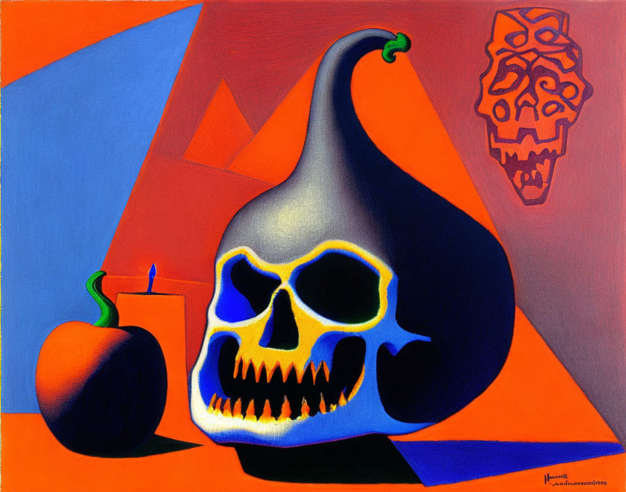 Colorful Abstract Painting: Skull, Gourd, Apple, Candle, African Mask