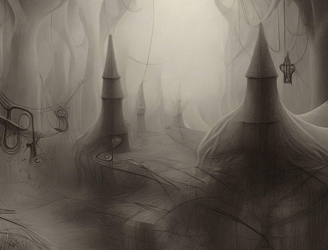 Monochrome fantasy landscape with misty spires and solitary figure in ethereal setting