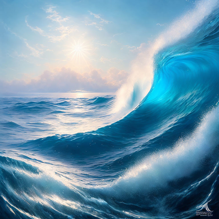 Majestic blue ocean under radiant sun & curling wave