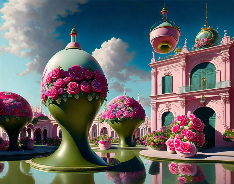 Surreal image: oversized ornamental eggs with roses in front of pink classical building