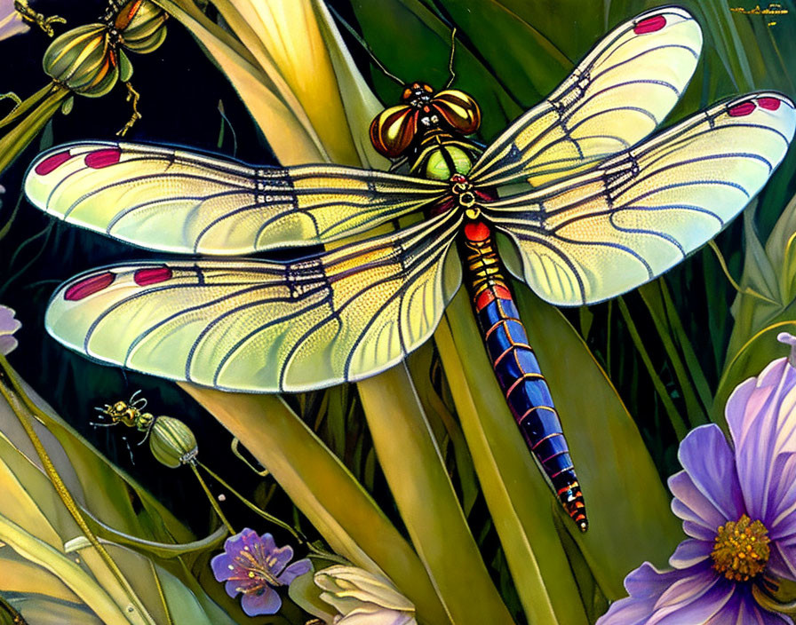 Detailed Dragonfly Illustration with Vibrant Wings on Green Stem