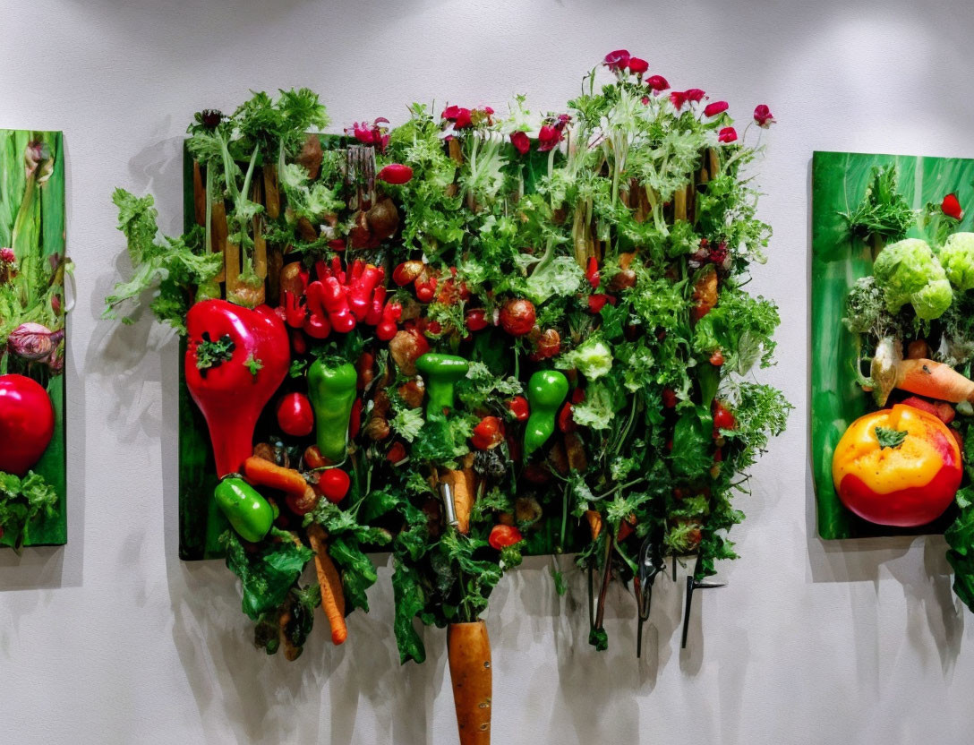 Fresh Vegetables Artfully Arranged on Vertical Panels