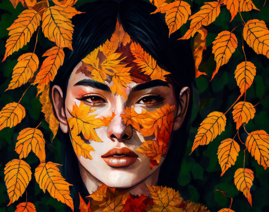 Vibrant autumn leaves camouflage woman's face in digital painting