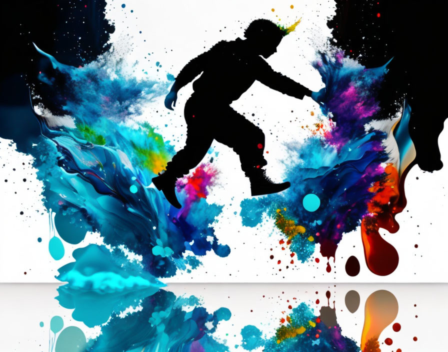 Jumping silhouette surrounded by vibrant colored inks