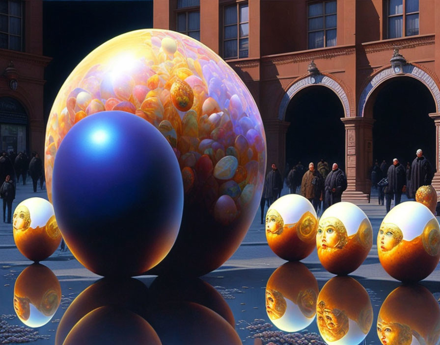 Surreal artwork: Reflective spheres with faces on urban street