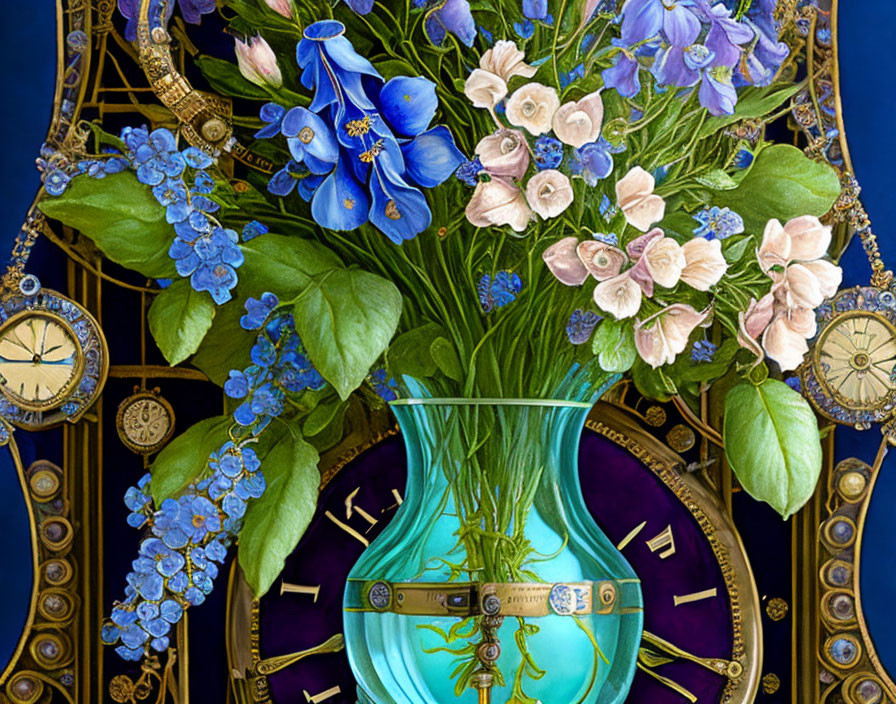 Colorful Floral Arrangement with Blue and Pink Flowers in Turquoise Vase