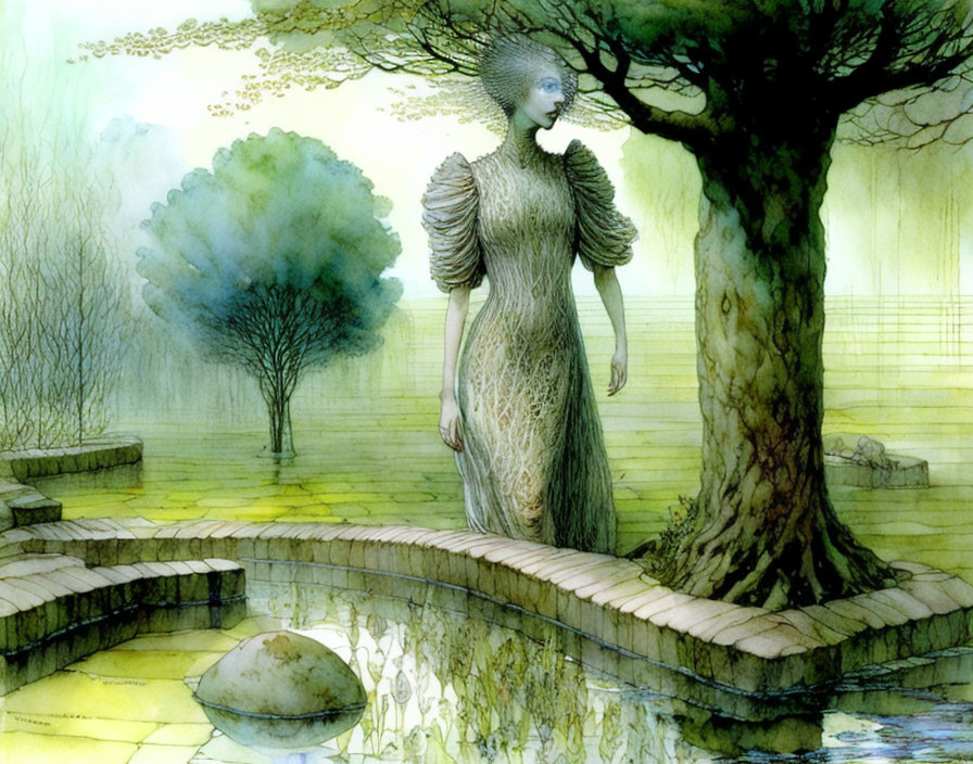 Surreal female figure with woven torso near tree and bridge