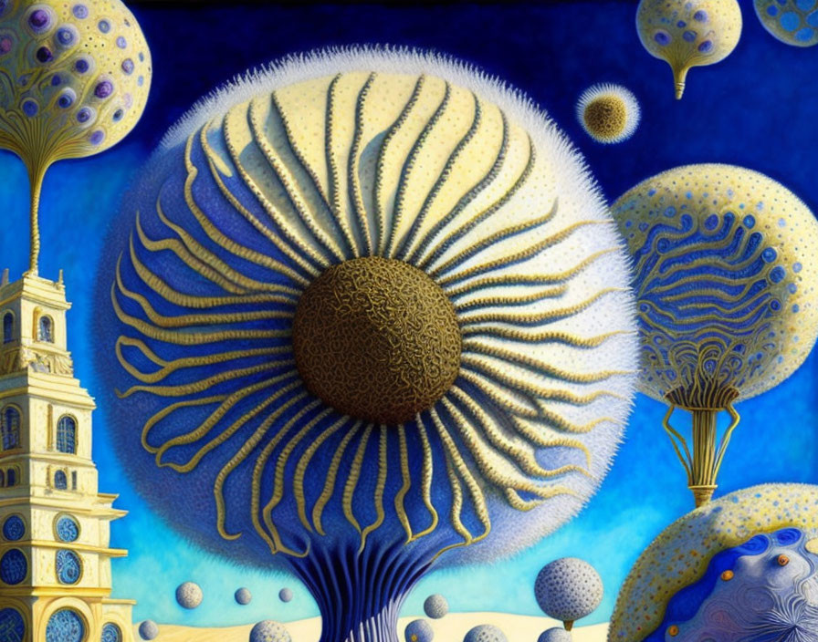 Surreal artwork: Dandelion-like structure, orbs, tower against blue sky