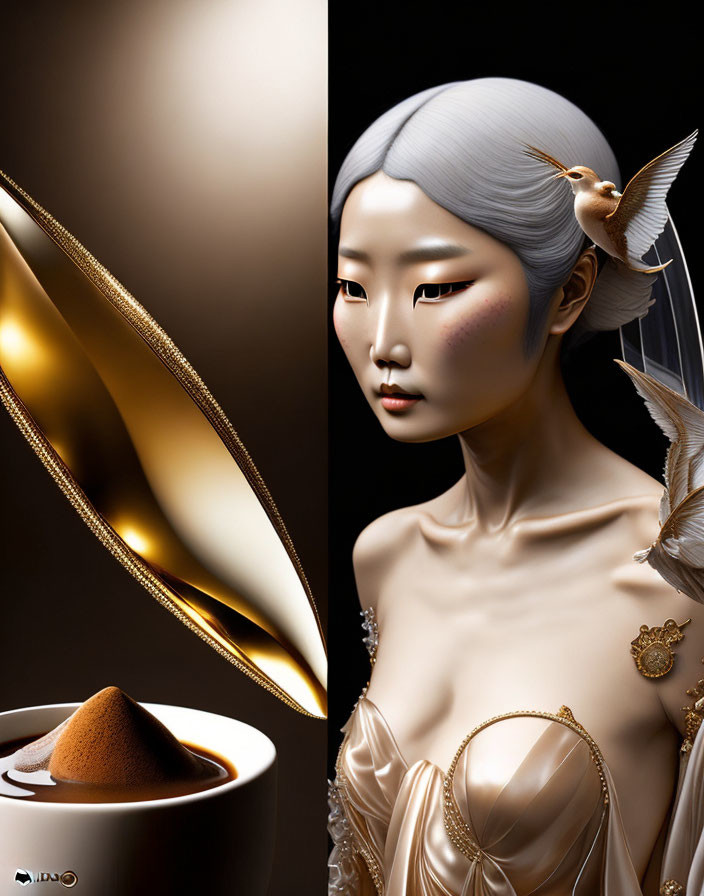 Luxury and fantasy blend in image of pale woman in golden outfit with ornate bird and coffee cup