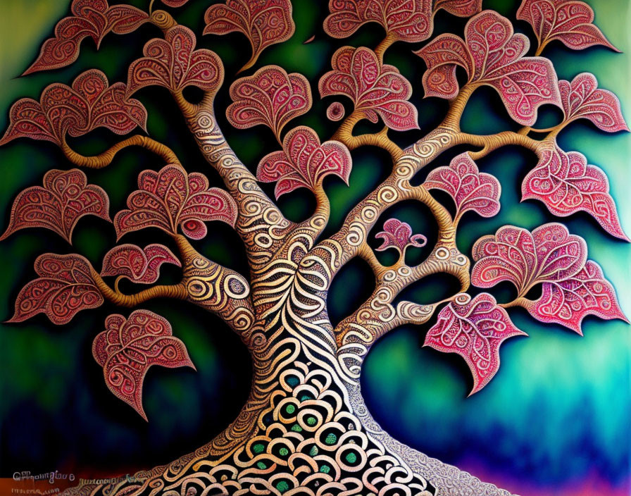 Colorful illustration of intricate tree with swirling patterns and pink leaves on gradient backdrop