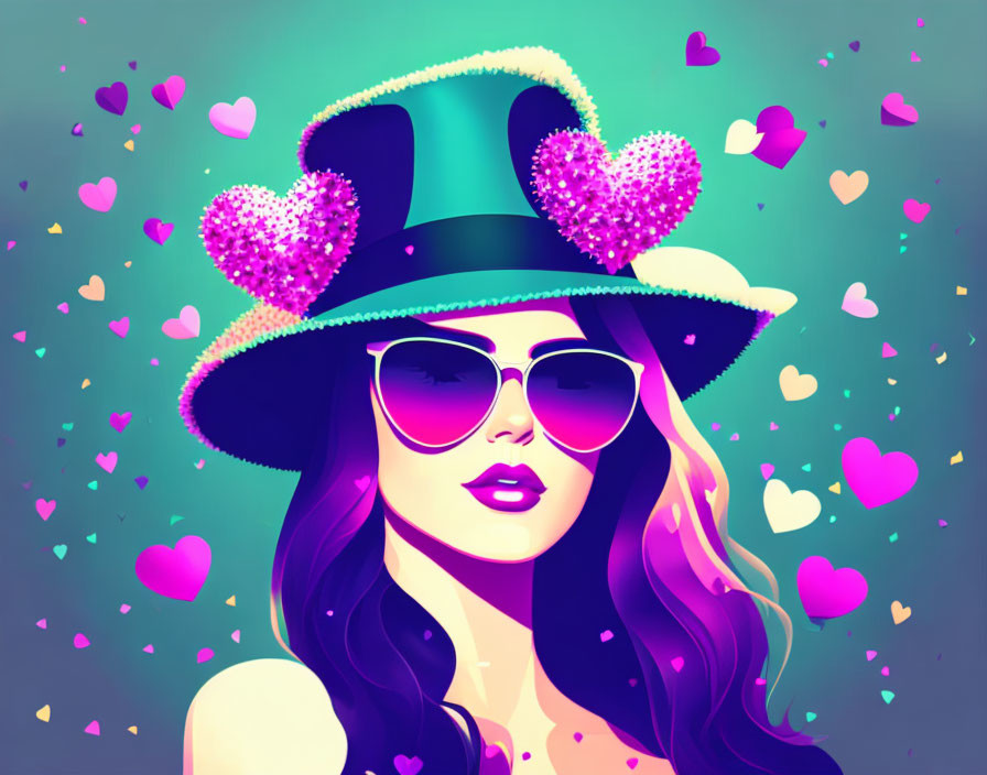 Illustration of woman with long hair, sunglasses, top hat, heart confetti background