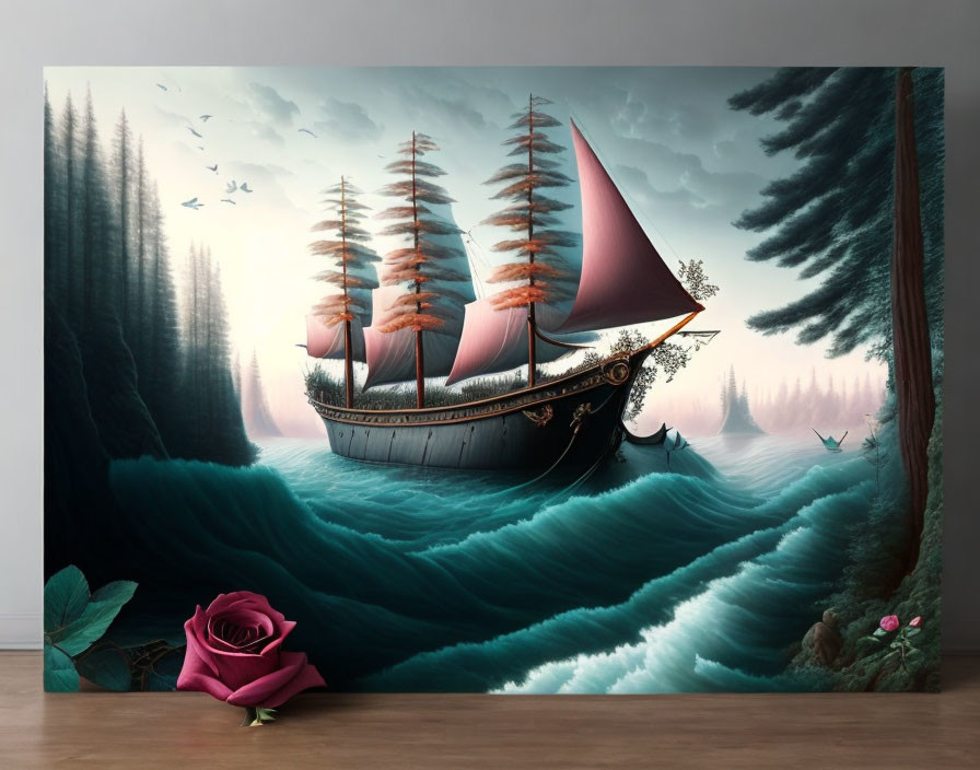 Surreal art: ship sailing on waves, forested cliffs, birds in sky, large rose