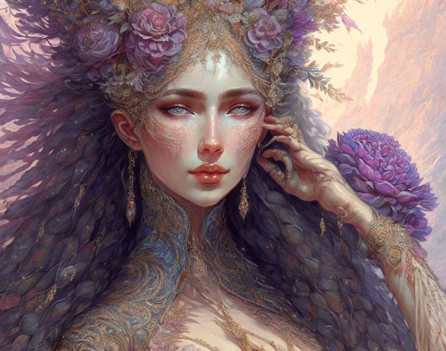 Illustrated female figure in ornate floral attire in dreamy pastel setting