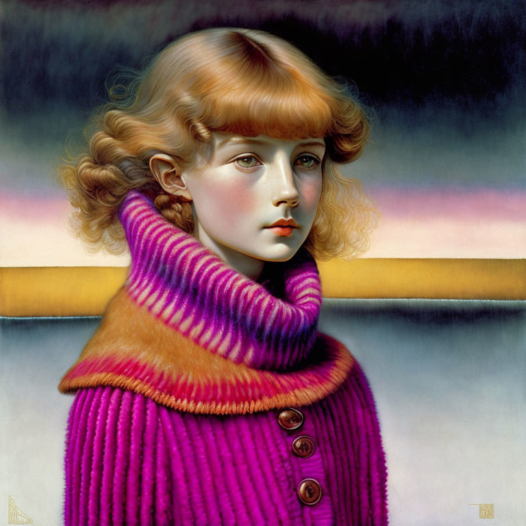 Young person with blonde curly hair in pink turtleneck sweater portrait.