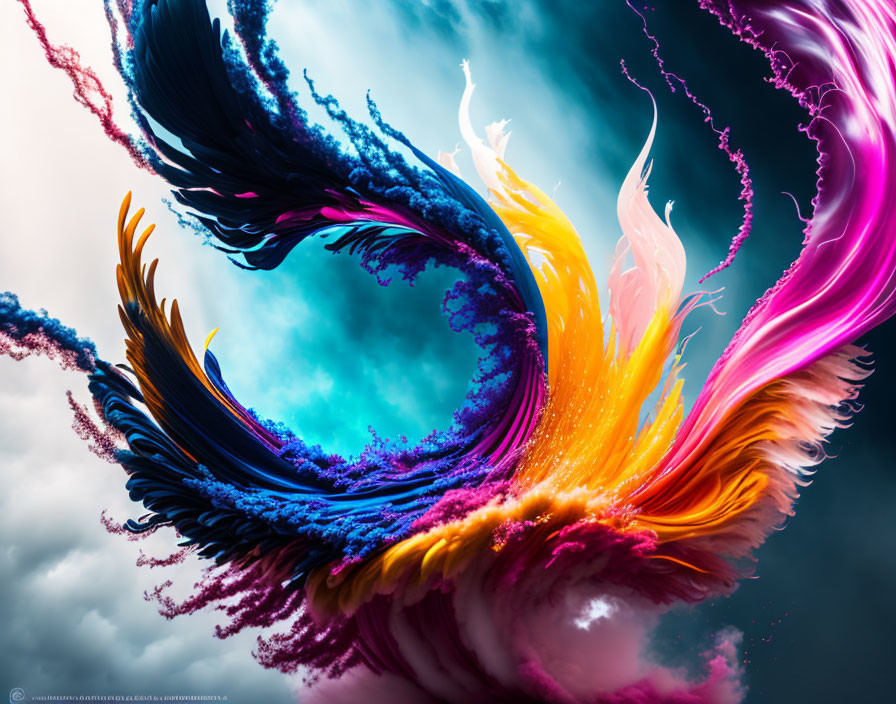 Colorful swirling vortex digital artwork with ink splashes on cloudy sky backdrop