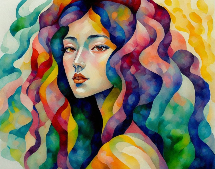 Colorful watercolor painting: Woman with wavy hair merging into rainbow spectrum