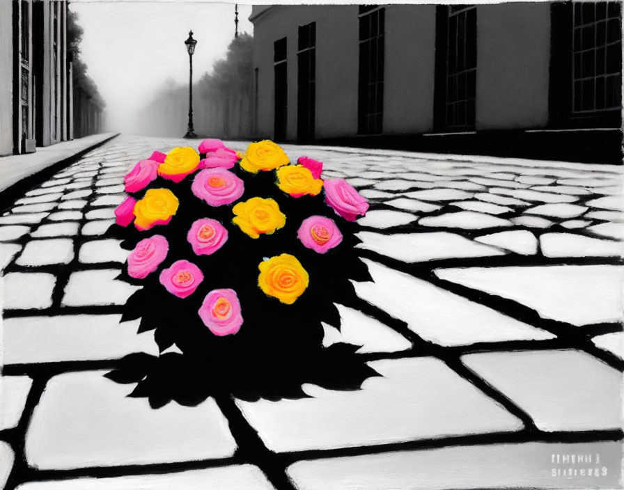 Pink and Yellow Roses on Grayscale Cobblestone Street