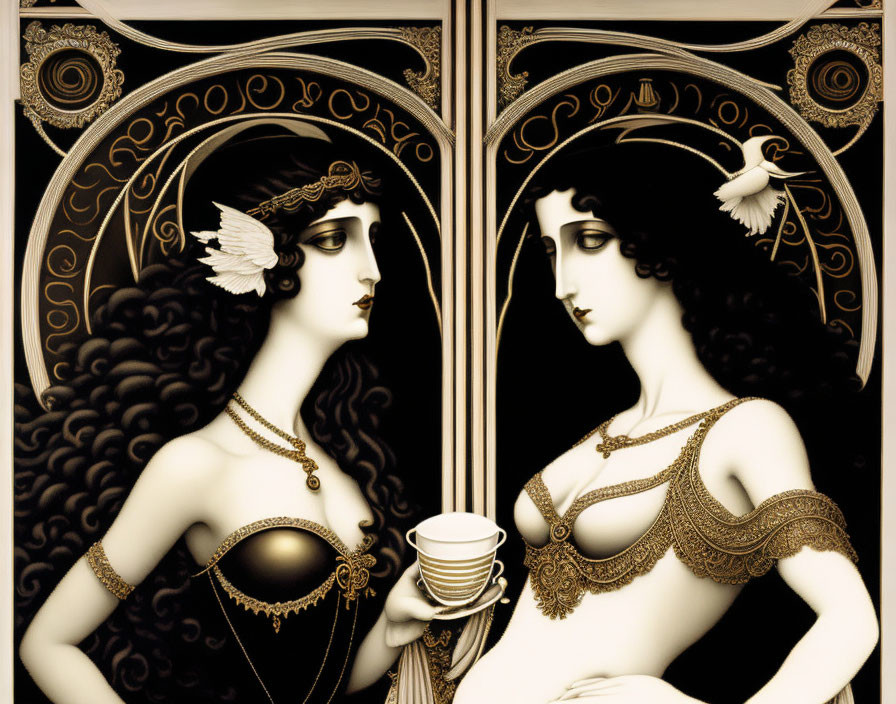 Symmetrical female figures with ornate headdresses in monochromatic Art Nouveau scene