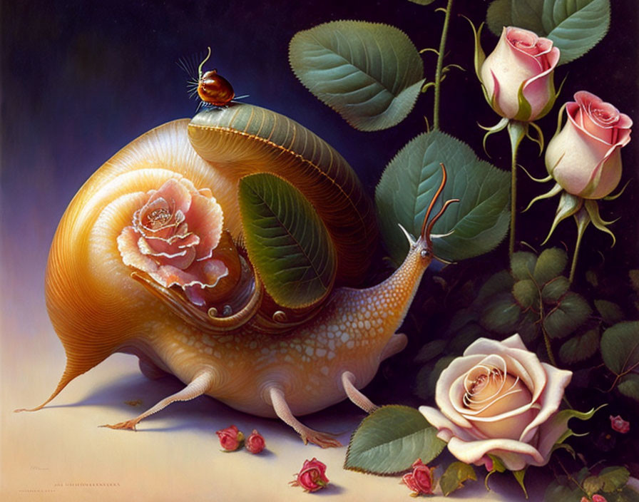 Whimsical painting of a snail with translucent shell in rose garden