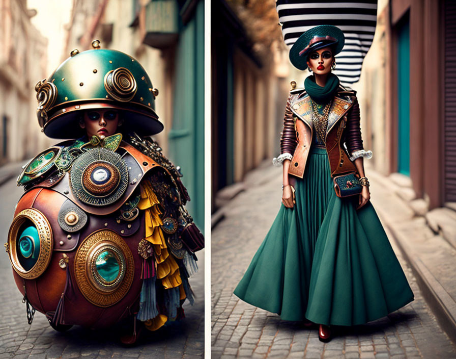 Two individuals in steampunk outfits on city street