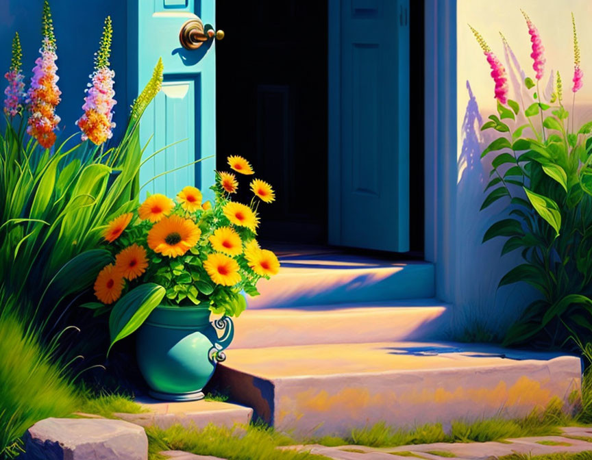 Colorful painting of doorstep with blue door and sunflowers in pot