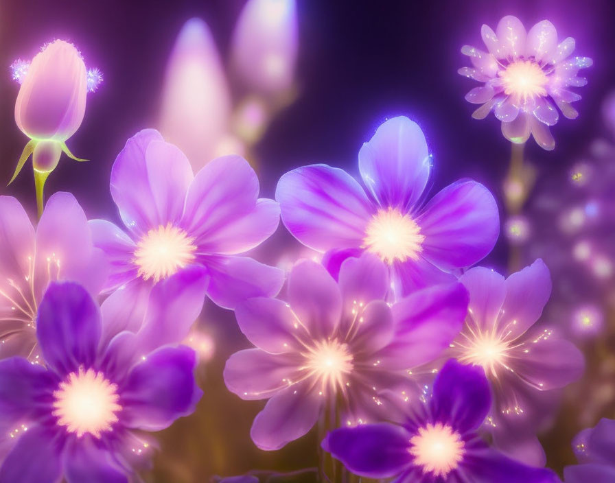 Glowing purple and pink flowers on dark background: Dreamy, magical atmosphere