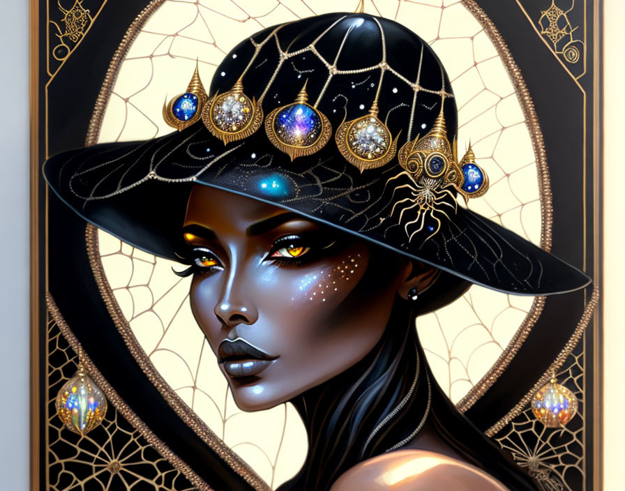 Detailed digital artwork: Dark-skinned woman in celestial-themed hat with gems & golden pattern