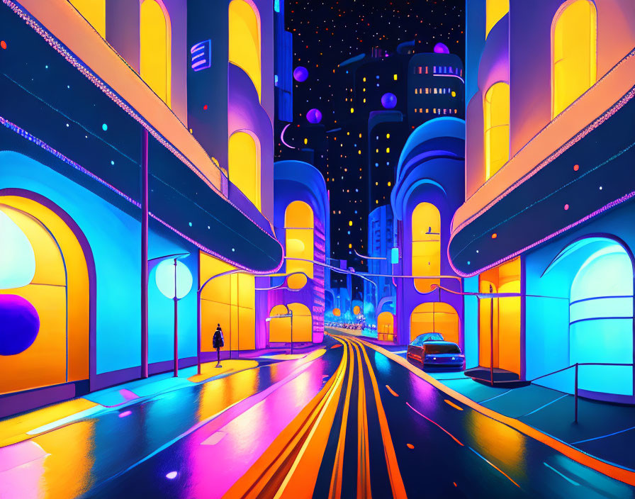 Futuristic cityscape digital artwork with neon lights