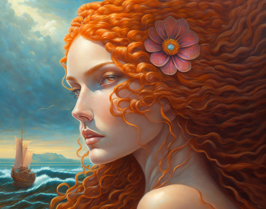 Surreal painting: Woman with red hair and flower, ship on ocean