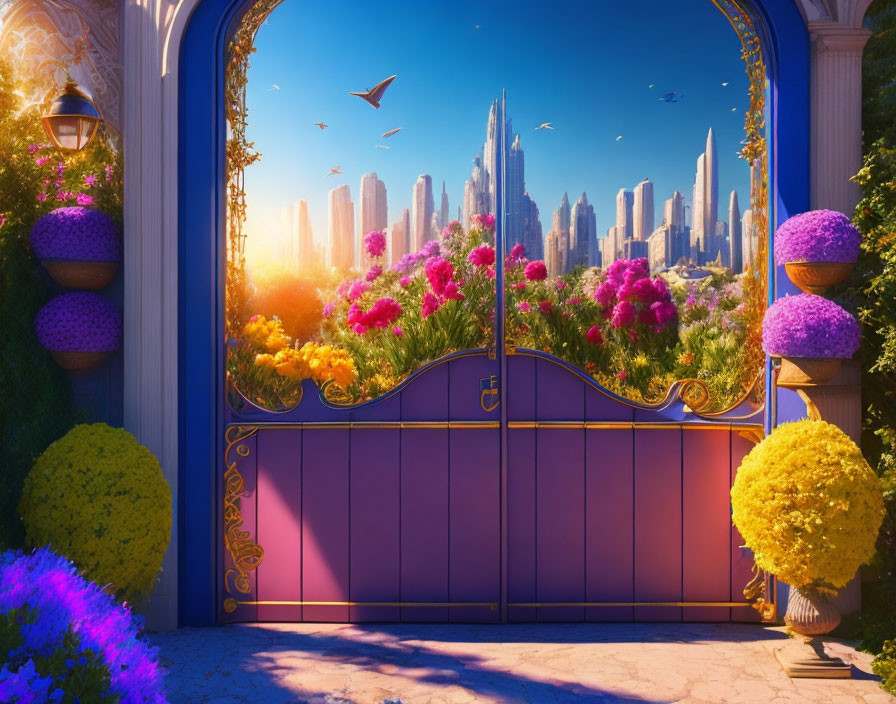 Ornate gate opening to vibrant cityscape with skyscrapers amid lush greenery and blue sky