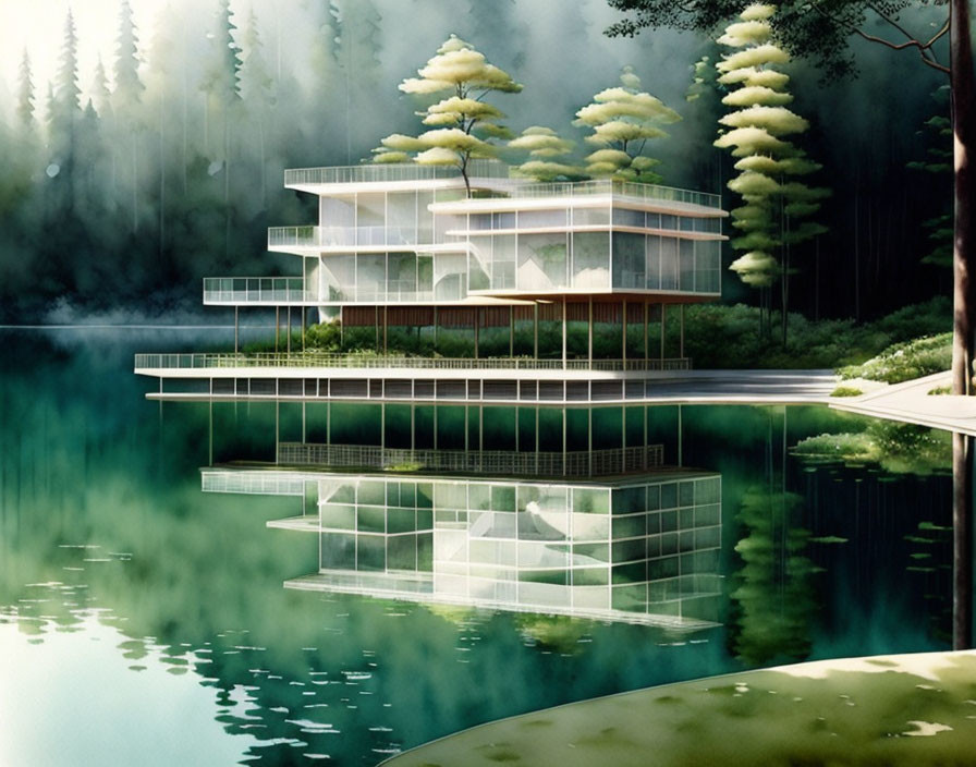 Glass House Surrounded by Pine Trees and Lake Reflections