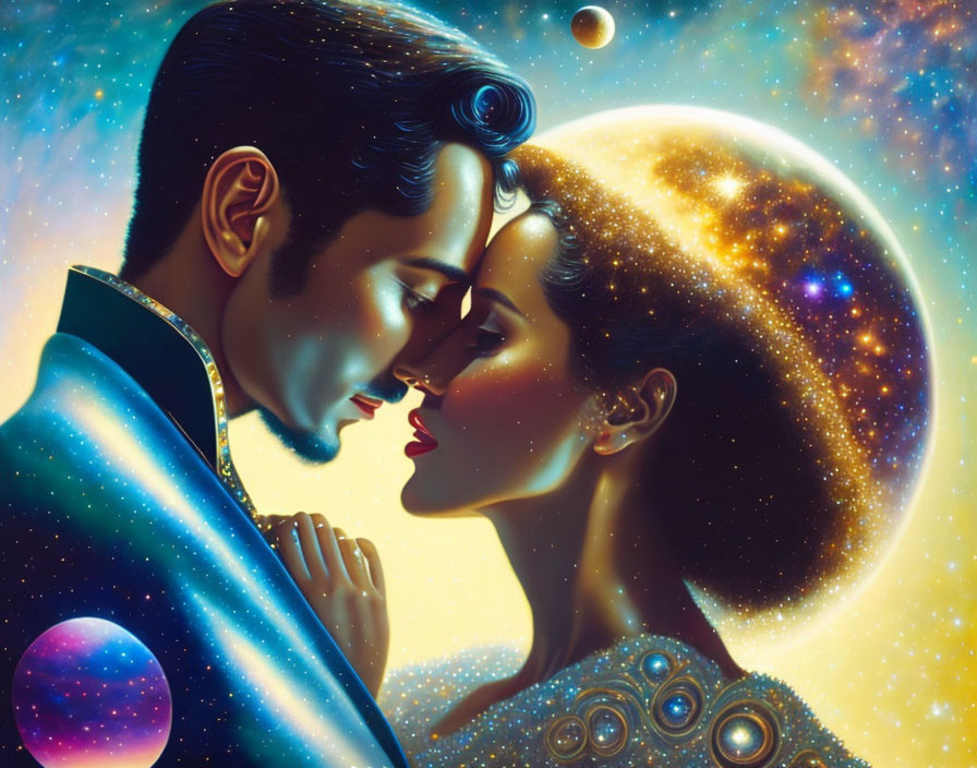 Romantic couple illustration in cosmic setting