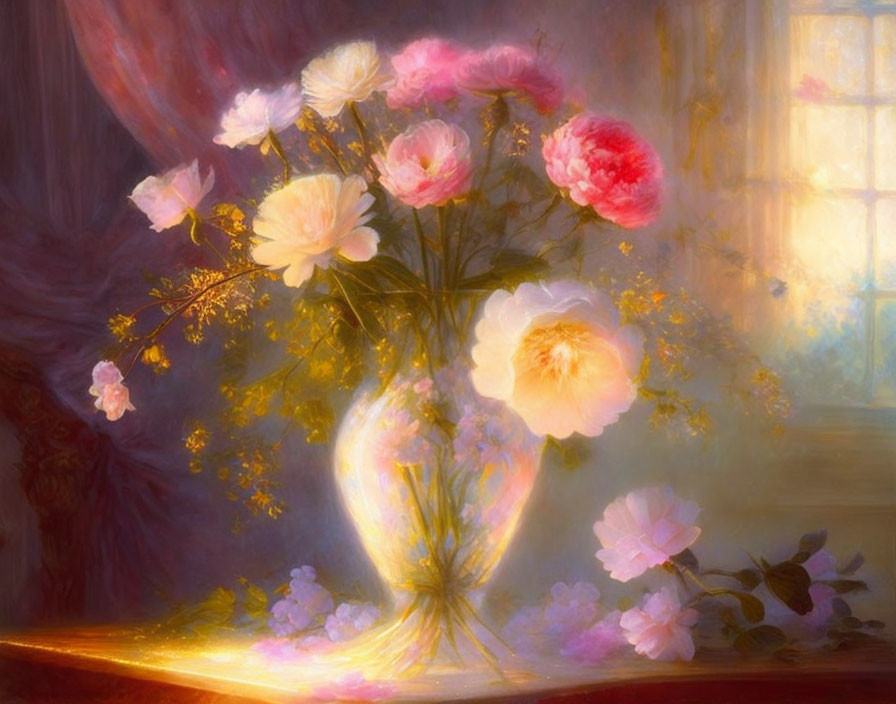 Vibrant bouquet of pink and yellow flowers in warm sunlight