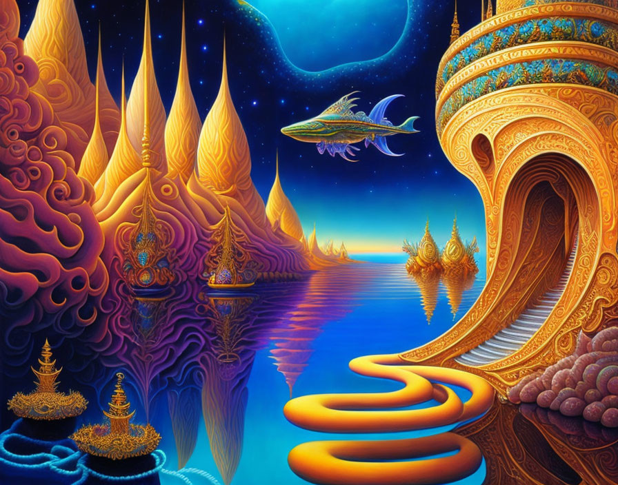 Fantasy landscape with ornate towers, starry sky, flying fish, and orange pathways