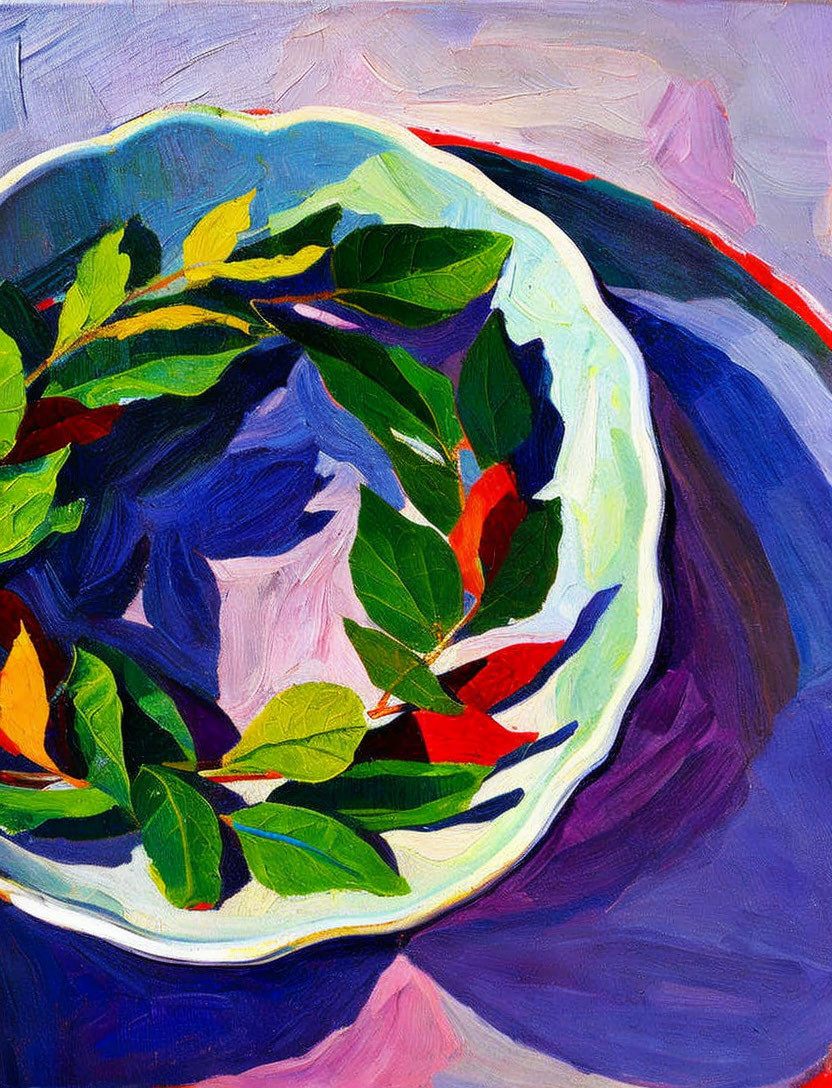 Colorful painting of bowl with leaves on violet background