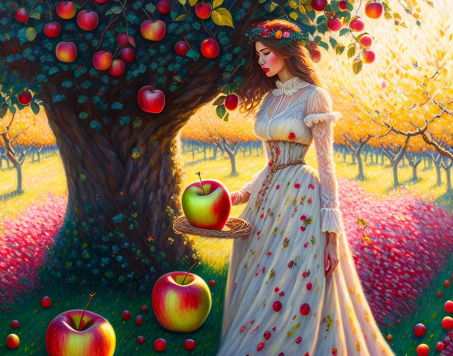 Woman in vintage dress in apple orchard with basket of colorful apples