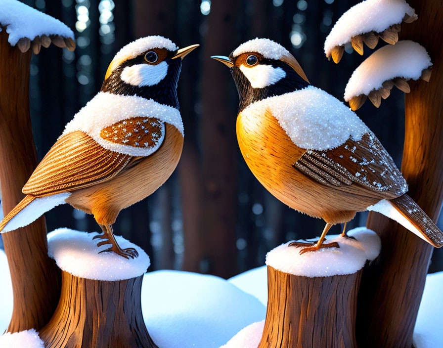 Stylized digital sparrows on snowy branches in wintry forest