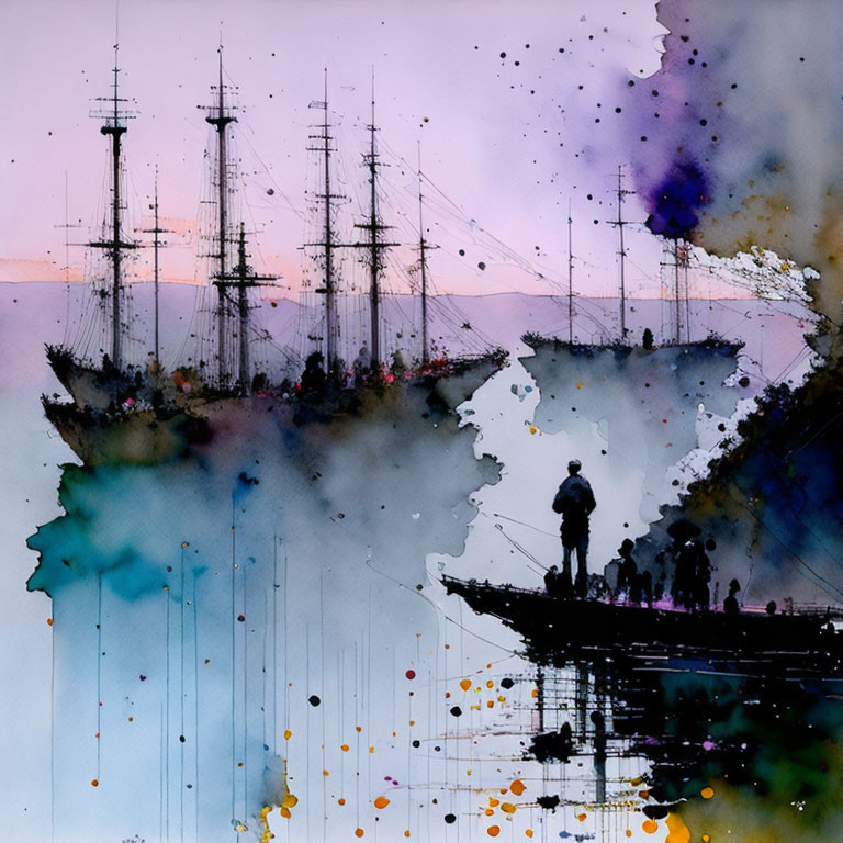 Colorful watercolor painting of ships and people in abstract maritime scene