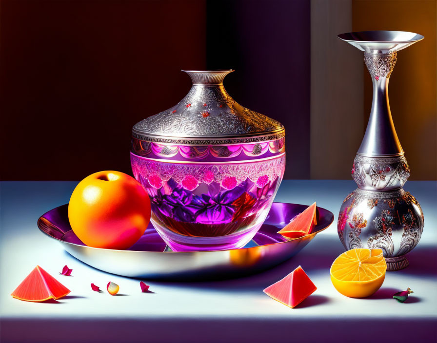 Silver and purple bowl, vase, oranges, rose petals on reflective surface.