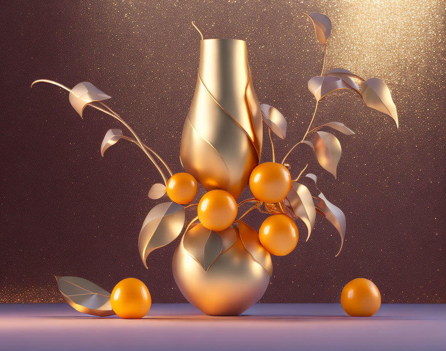 Golden vase with stylized branches and orange fruits on purple surface