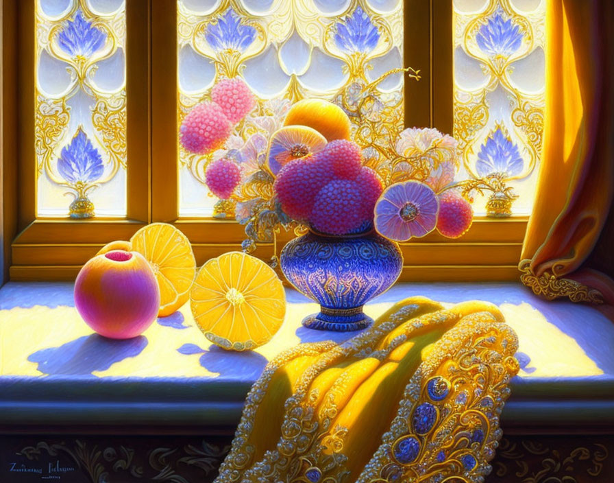 Vibrant fruits array on table near window with filtered light.